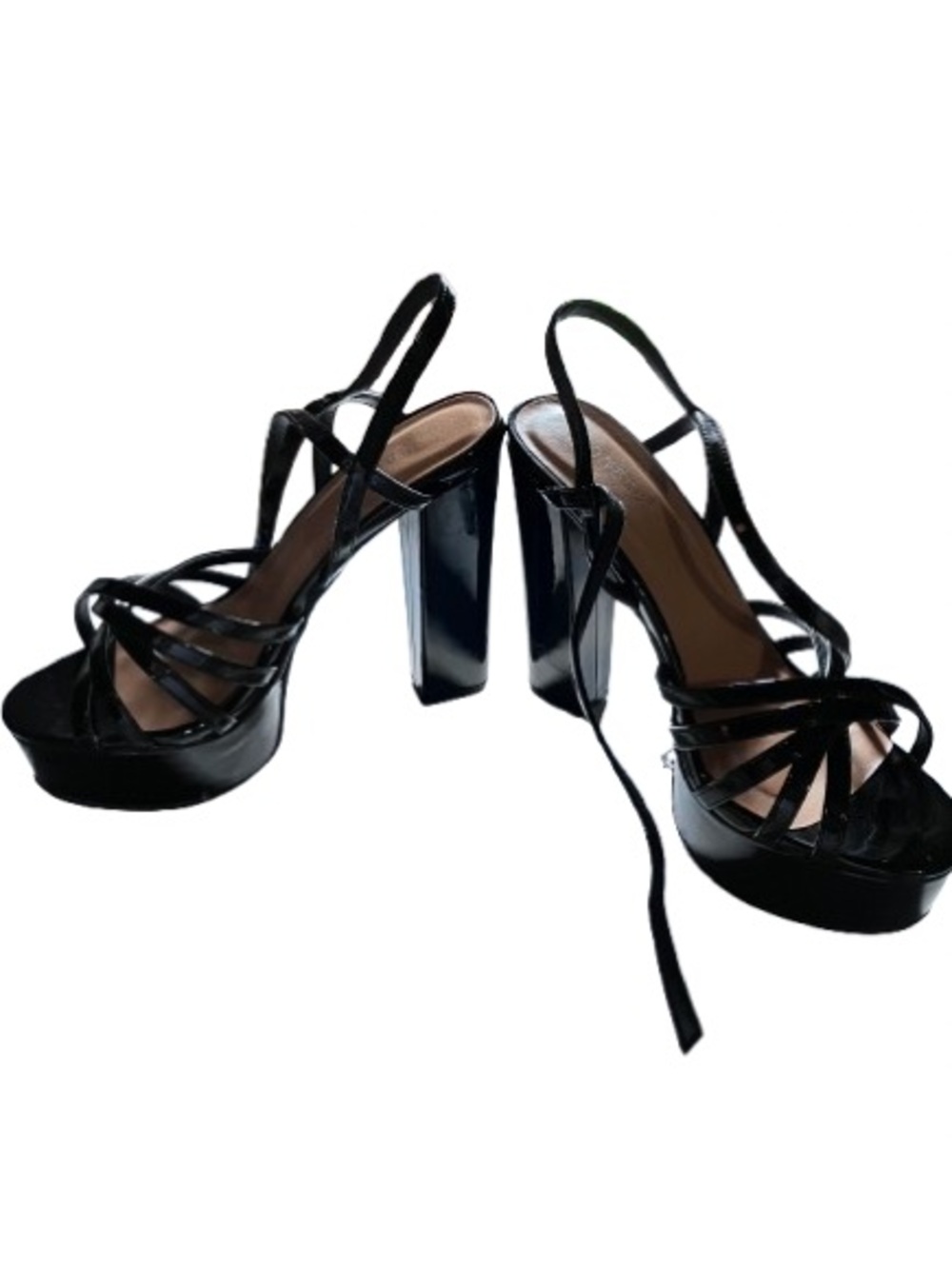 BAMBOO Black Patent Strappy Platform Block Heels